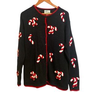 The Quacker Factory Large Black & Red Cardigan Christmas Sweater 3D Candy Canes